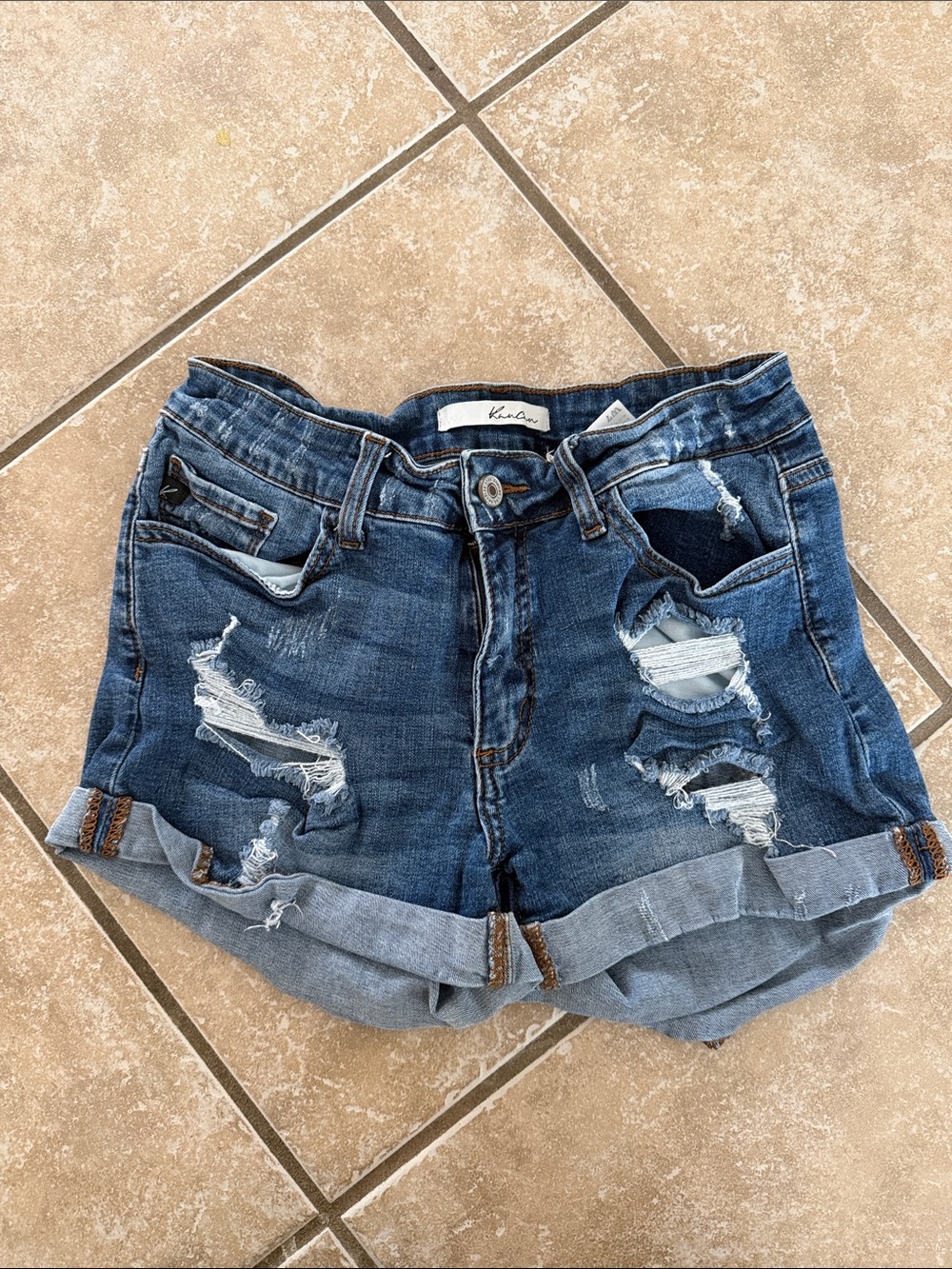KanCan Distressed Rolled Cuff Dark Blue Denim Shorts